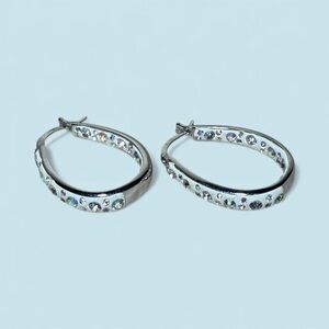Silver Hoop Earrings with iridescent Crystals front and inside.